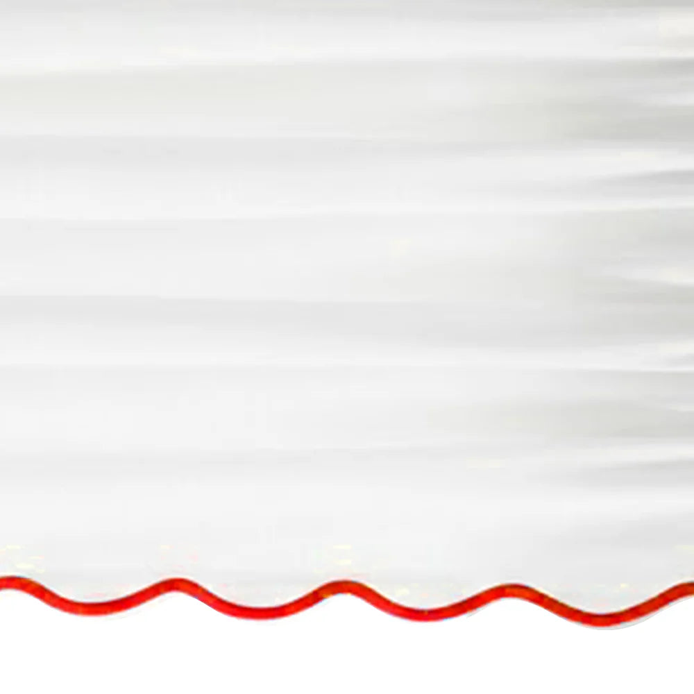White scalloped curtain panel with Red trim - Close up