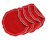 Elegant red round placemat with a shimmering finish, ideal for festive table settings.