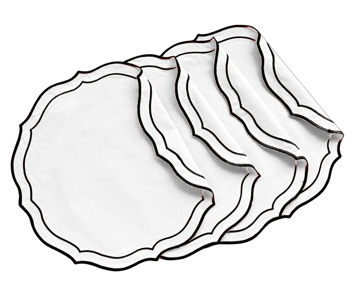 Top view of embroidered placemats on a dining surface
