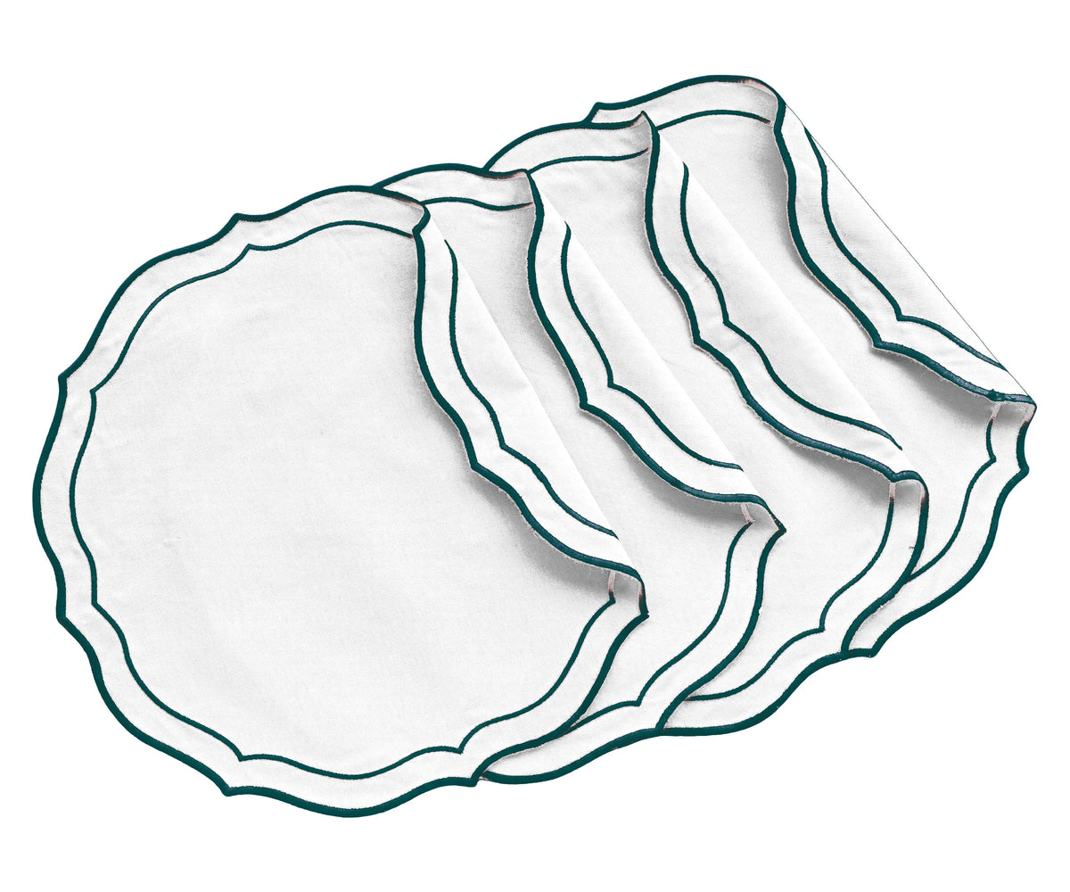 Close-up of scalloped edge detailing on green cotton placemat