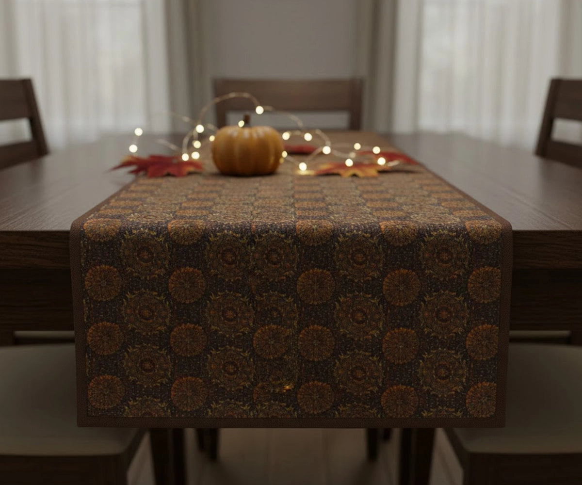 Dark beige floral print linen Runner on dining table