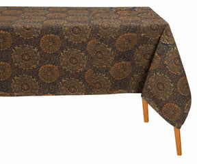 Dark brown paisley print rectangular tablecloth with intricate floral medallion pattern, featuring warm earthy tones and an elegant traditional design for home décor.