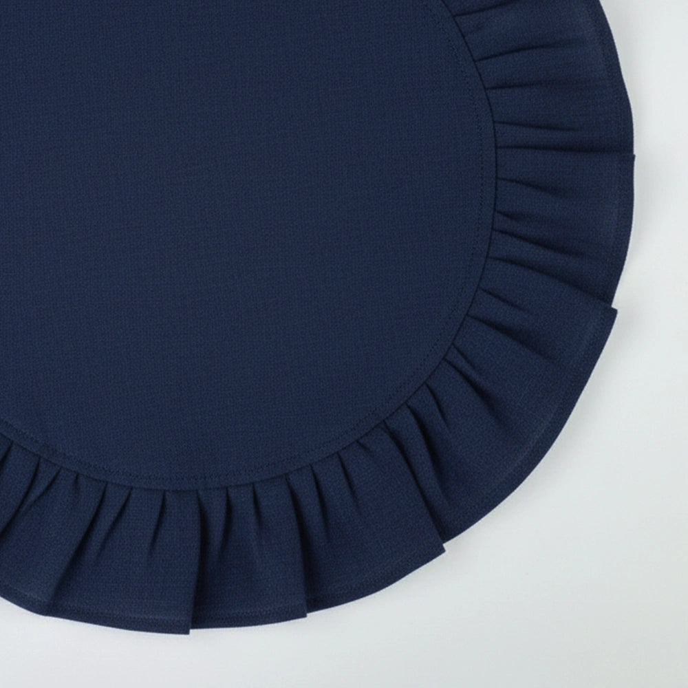Deep blue ruffle edge cotton napkins, reusable and eco-friendly, perfect for everyday dining or special occasions.