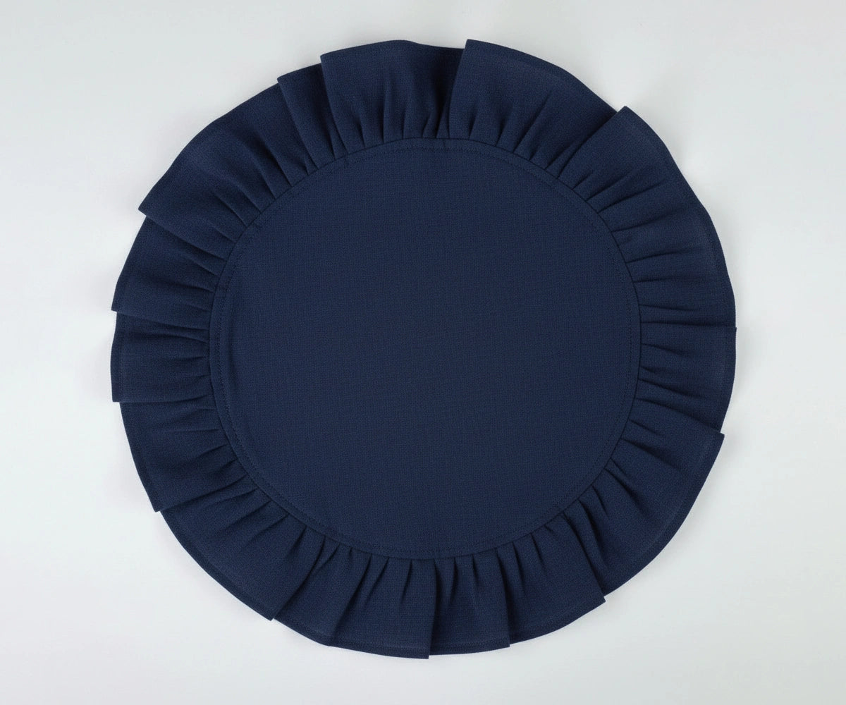 Dark blue round ruffled cotton napkins with a refined linen texture, suitable for elegant and contemporary table settings.