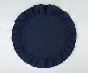 Dark blue round ruffled cotton napkins with a refined linen texture, suitable for elegant and contemporary table settings.