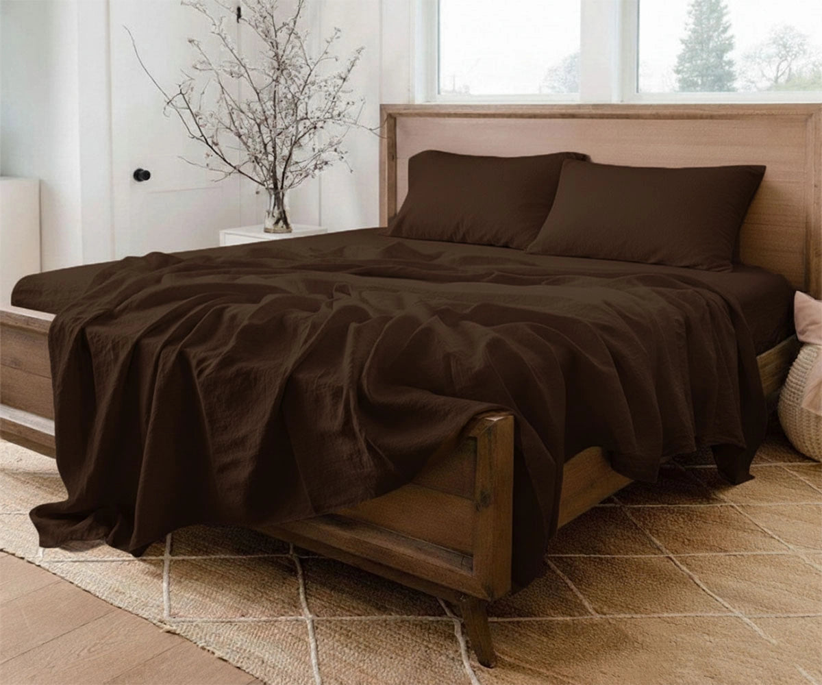Dark brown 100% european Linen Sheet Set: with durable weave and secure deep pocket fit, king and queen luxury linen bedding set for rustic interiors.