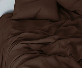 Dark brown linen bed sheets set made from 100% pure linen with breathable fabric and deep pocket fitted sheet