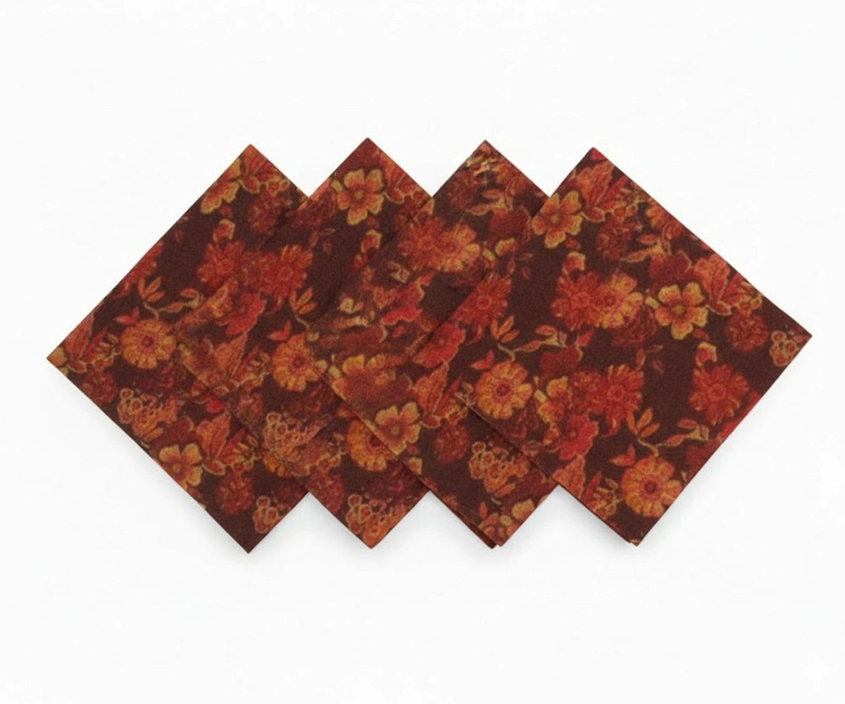 Rust and orange floral print cotton napkins, set of reusable autumn-inspired cloth dinner napkins
