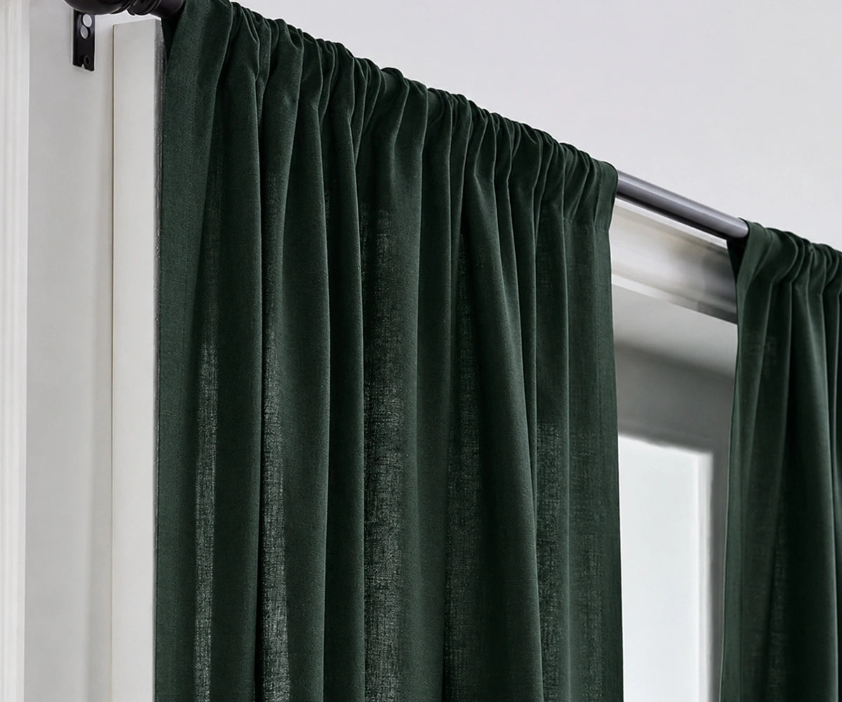 Dark green linen curtains hanging in a modern living room, adding an elegant and natural look. green linen curtains
linen curtains green
living room curtains green
bedroom curtains green