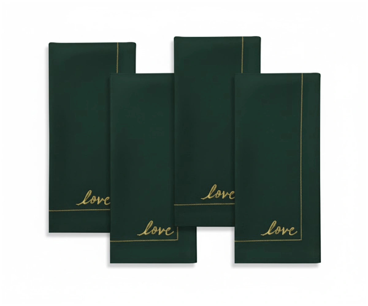 Forest green cotton cloth napkins with subtle embroidery, classic color for holiday and everyday dining