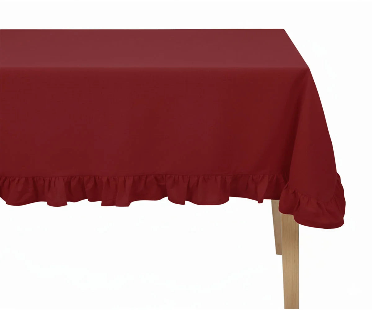 Burgundy round cotton tablecloth with ruffled border