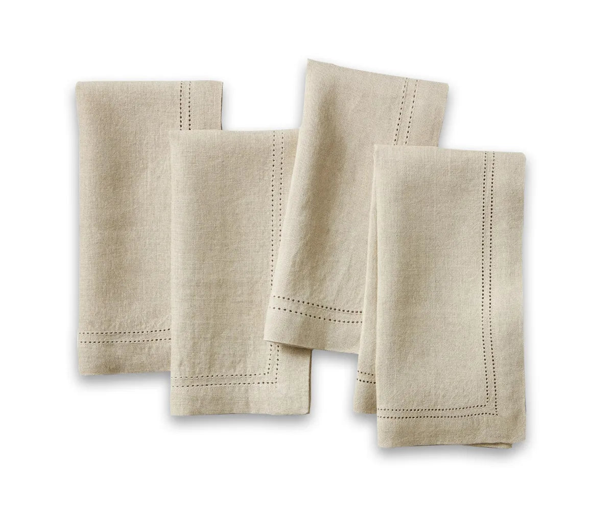 Dark Sand Linen Dinner Napkins with Double Hemstitch – Set of 12, Perfect for Weddings and Holiday Table Settings