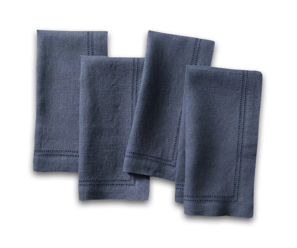 Dark Blue Linen Hemstitch Napkins – Set of 12 Elegant Table Napkins for Wedding or Holiday Dining