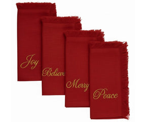 Deep red embroidered napkins with gold thread and fringed edges for festive dining and holiday celebrations