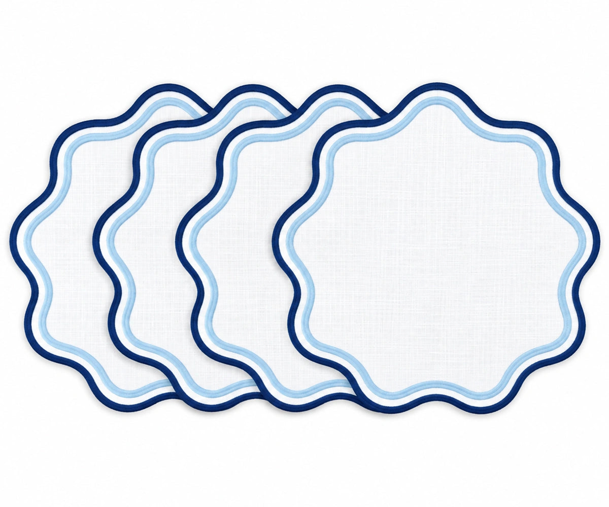 Round blue scalloped cotton placemat with contrasting wavy trim, decorative cloth placemat for dining table settings and everyday dining