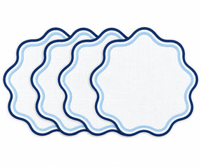 Round blue scalloped cotton placemat with contrasting wavy trim, decorative cloth placemat for dining table settings and everyday dining