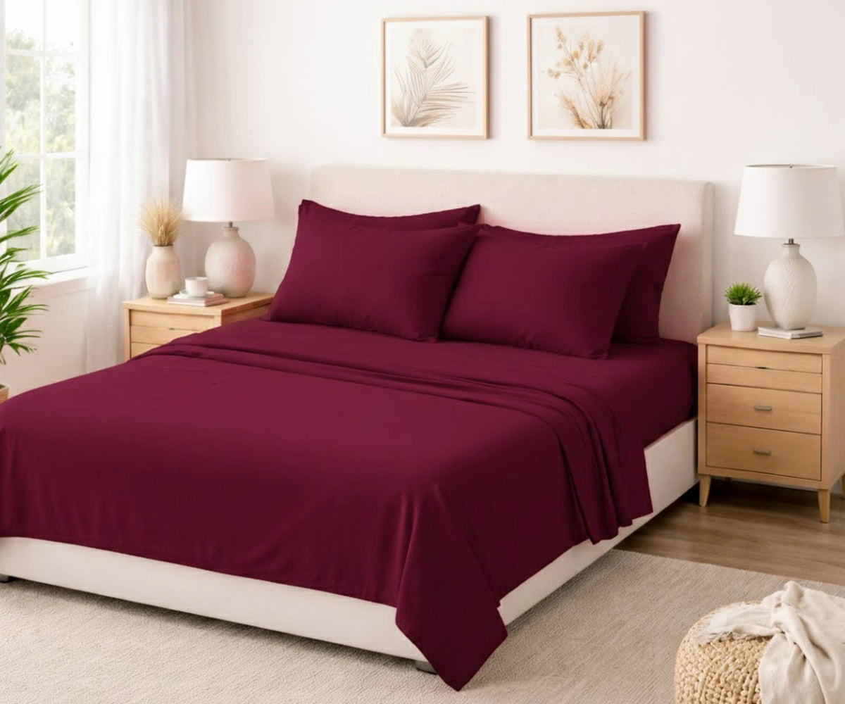 Burgundy 100% European flax linen bedding set with deep pocket fitted sheet for thick mattress