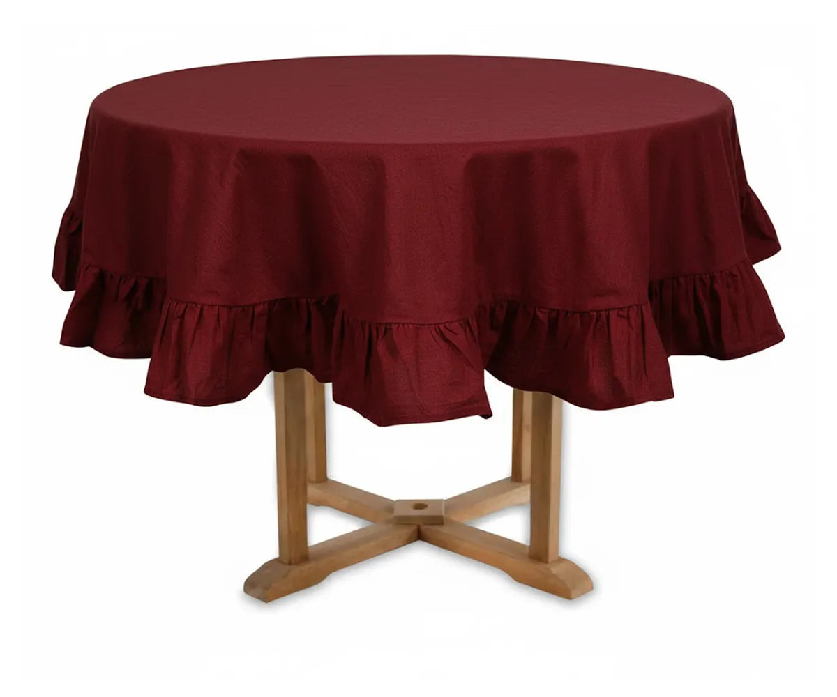 Dark red ruffled cotton tablecloth for round table, rich tone wedding and holiday table styling