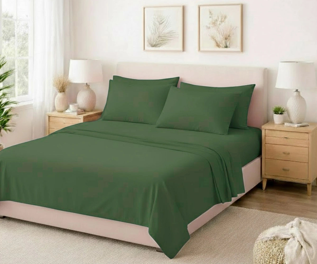 Forest green European flax linen bedding set, luxury breathable sheets for modern and farmhouse bedroom decor, green bedding