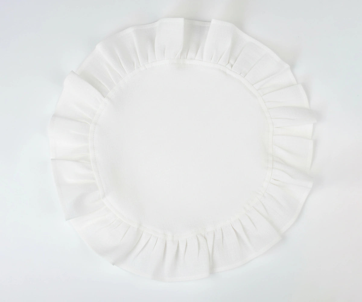 White round ruffled cotton napkins with a clean linen look, perfect for classic table settings and formal occasions.