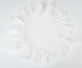 White round ruffled cotton napkins with a clean linen look, perfect for classic table settings and formal occasions.
