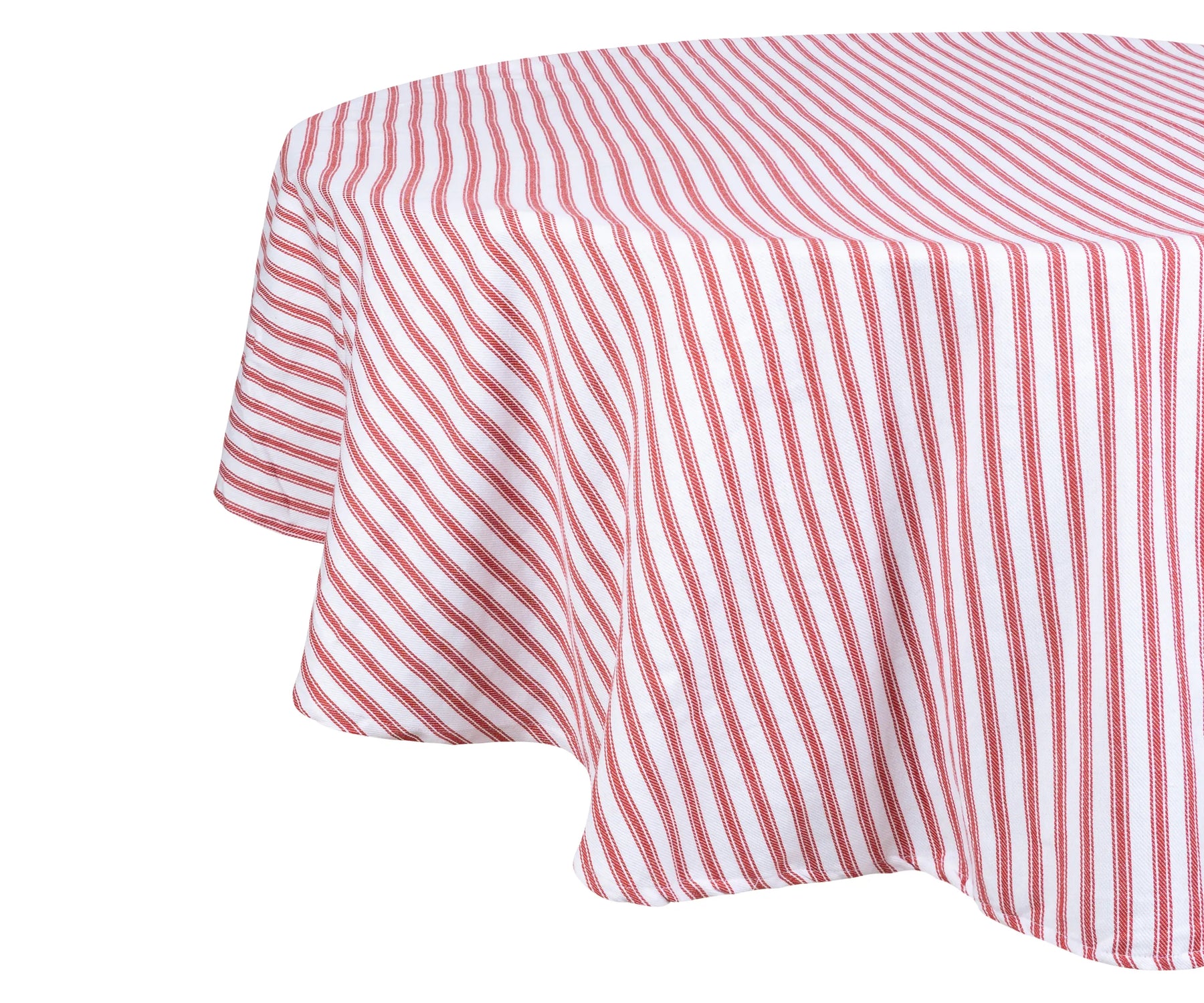 Soft cotton red ticking round tablecloth draped elegantly over table edge