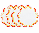 Round yellow and orange scalloped cotton placemat with colorful wavy edge, decorative round table mat for dining table décor and entertaining