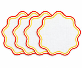Round yellow and orange scalloped cotton placemat with colorful wavy edge, decorative round table mat for dining table décor and entertaining