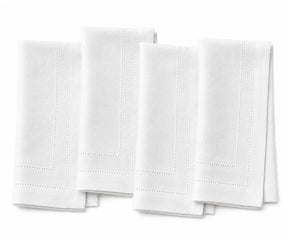 White linen napkins with double hemstitch, luxury cloth dinner napkins for weddings, fine dining, restaurants, and formal table settings.