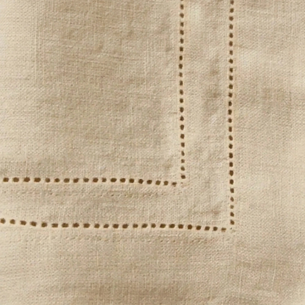 Neutral beige cloth napkins with classic hemstitch design, durable cotton dinner napkins for wedding receptions, Thanksgiving gatherings, and table settings