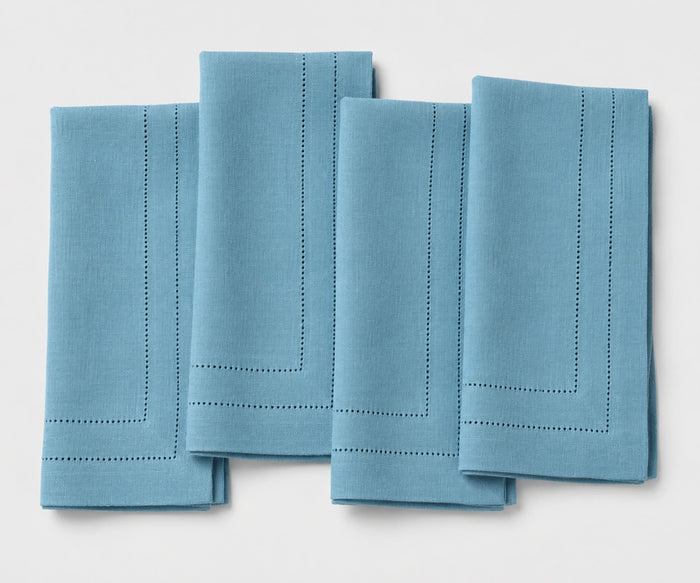 dusty blue linen napkins with elegant double hemstitch details, perfect for wedding receptions, dinner parties, holiday tables, and everyday dining.