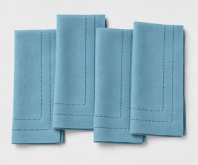 dusty blue linen napkins with elegant double hemstitch details, perfect for wedding receptions, dinner parties, holiday tables, and everyday dining.