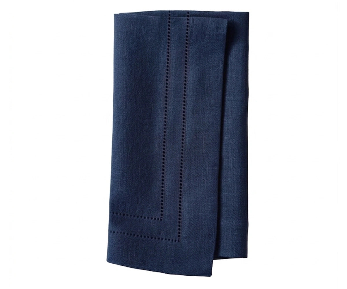 Blue cloth napkins with double hemstitch border, washable cotton napkins for wedding receptions, Thanksgiving tables, and modern dining decor