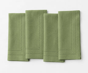 Willow Green linen napkins made from 100% linen with double hemstitch detailing, reusable cloth dinner napkins for farmhouse and everyday dining.