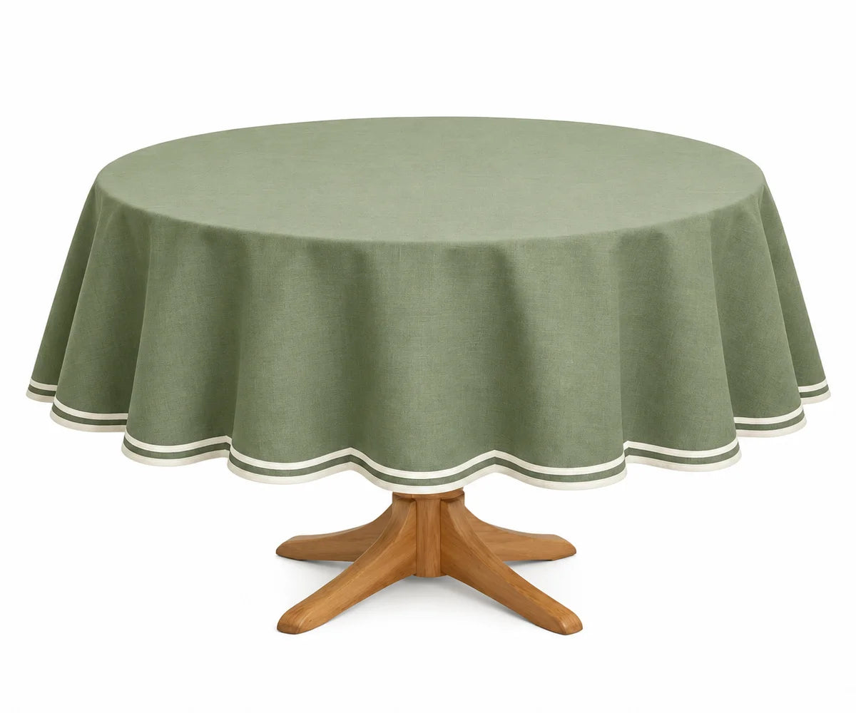 Sage green scalloped round tablecloth, 100% cotton table cover for everyday dining, holiday gatherings, parties, and wedding tables