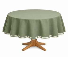 Sage green scalloped round tablecloth, 100% cotton table cover for everyday dining, holiday gatherings, parties, and wedding tables