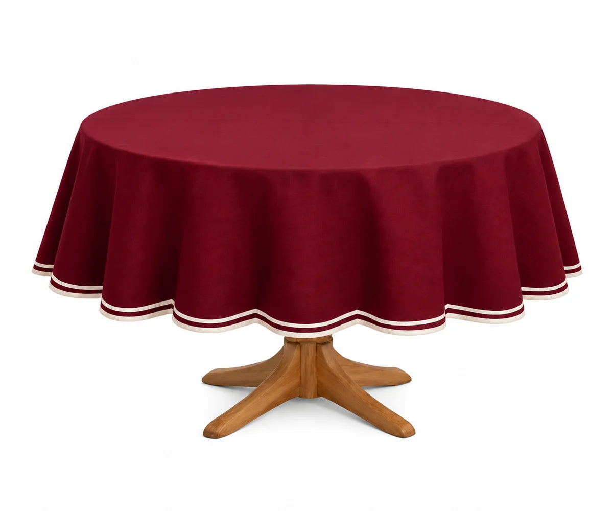 Burgundy round cotton tablecloth with white scalloped edge, elegant table cover for weddings, Thanksgiving, holiday dining, and parties