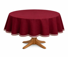 Burgundy round cotton tablecloth with white scalloped edge, elegant table cover for weddings, Thanksgiving, holiday dining, and parties