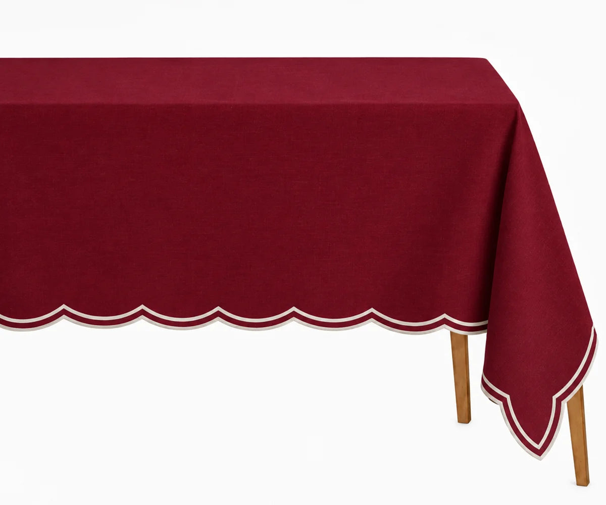 Burgundy embroidered rectangle tablecloth with white scalloped edges, 100% cotton table cover for Thanksgiving and holiday dining