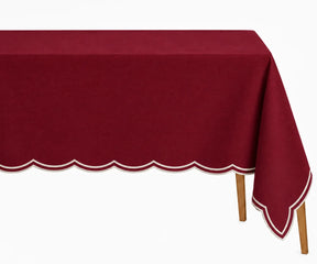 Burgundy embroidered rectangle tablecloth with white scalloped edges, 100% cotton table cover for Thanksgiving and holiday dining