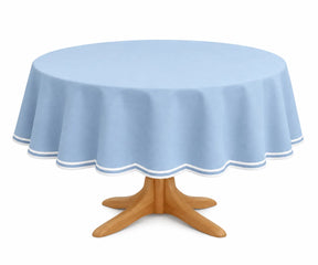 light blue scalloped round tablecloth, cotton table cover for farmhouse dining, holiday gatherings, brunches, and everyday meals