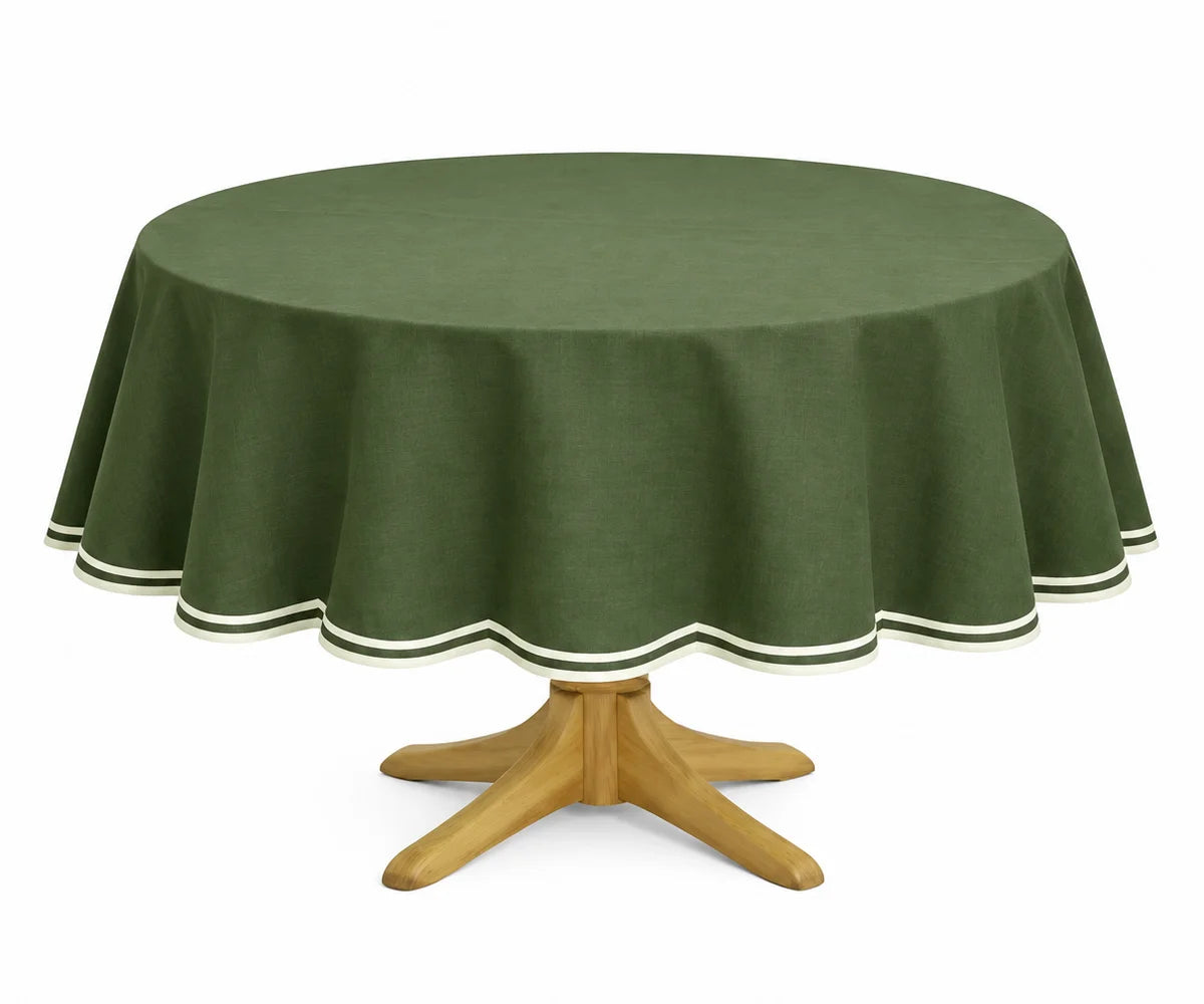 Olive green round cotton tablecloth with white scalloped edge, elegant table cover for farmhouse dining, weddings, parties, and special occasions