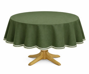 Olive green round cotton tablecloth with white scalloped edge, elegant table cover for farmhouse dining, weddings, parties, and special occasions