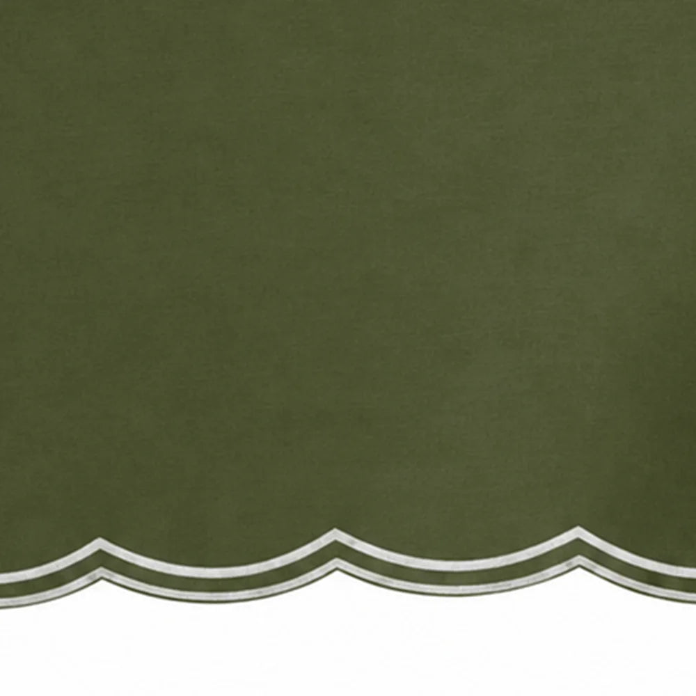Olive green scalloped tablecloth for farmhouse dining, fall gatherings, Thanksgiving, and special occasions.