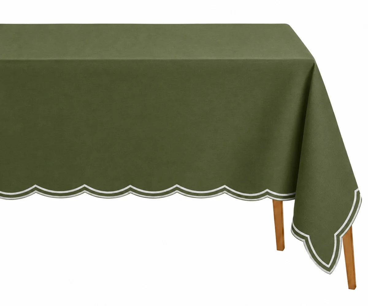 Olive green rectangle cotton tablecloth with scalloped embroidered edges for elegant dining.