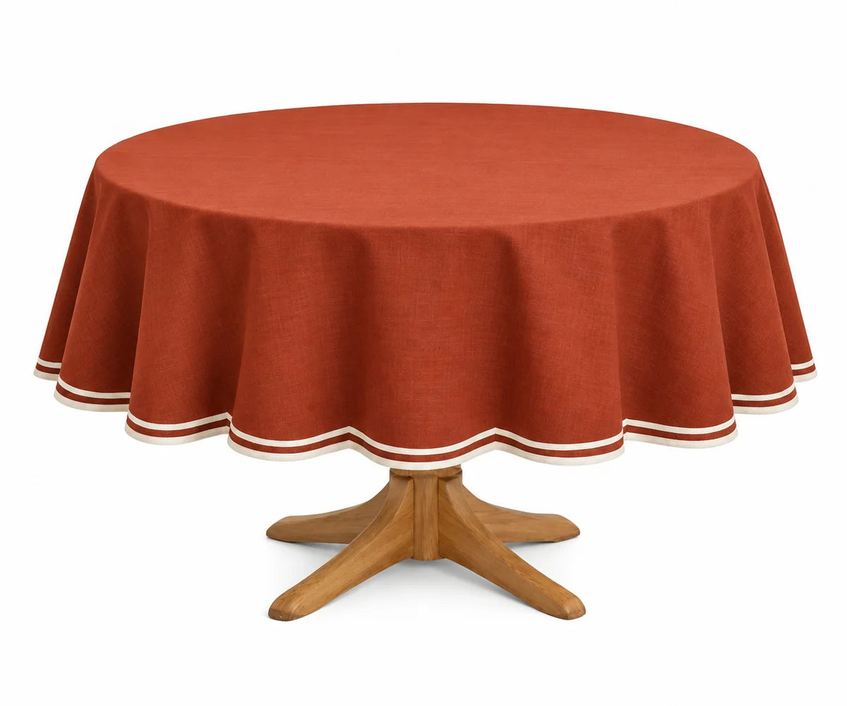 Rust round cotton tablecloth with white scalloped edge, 100% cotton table cover for dining, weddings, parties, and special occasions