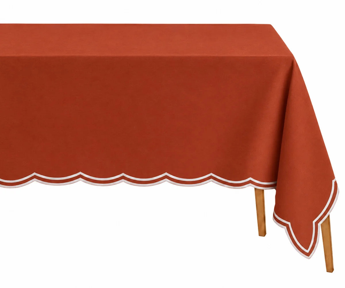 Rust and white embroidered tablecloth for everyday dining and special occasions