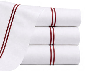 red embroidered flat sheet cotton percale bold red bedding double line stitch hotel style flat sheet
