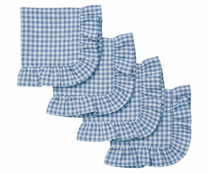 Blue gingham ruffle cloth napkins set of reusable cotton checkered table napkins with scalloped edge