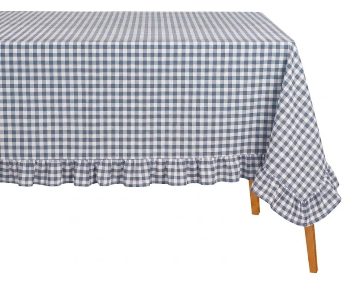 Durable cotton tablecloth with classic gingham pattern and ruffle edge for casual dining and gatherings
